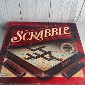 Hasbro SCRABBLE Deluxe Classic Edition With Rotating Board Wood Cabinet Complete